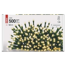 EMOS VÁNOČNÍ OSVĚTLENÍ LED ŘETĚZ 50M 500LED 9W 230VAC IP44 ČASOVAČ TEPLÁ BÍLÁ D4AW06