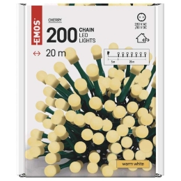 EMOS VÁNOČNÍ OSVĚTLENÍ 200LED CHERRY ŘETĚZ KULIČKY 20M IP44 TEPLÁ BÍLÁ ČAS. D5AW03