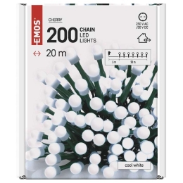 EMOS VÁNOČNÍ OSVĚTLENÍ 200 LED CHERRY ŘETĚZ KULIČKY 20M IP44 STUD. BÍLÁ ČAS. D5AC03